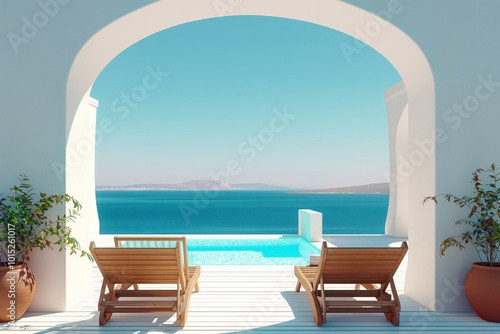Serene beach scene with white arch  blue sky  pool of blue water. Two wooden lounge chairs with cushions  potted plants with green leaves. Soft natural  coastal architecture  traditional
