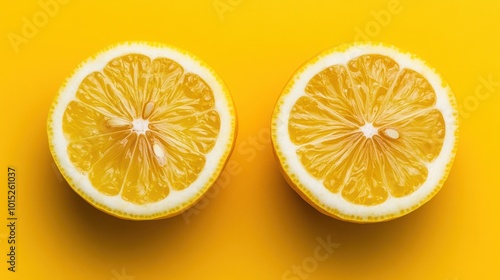 Two halved lemons on a bright yellow background.
