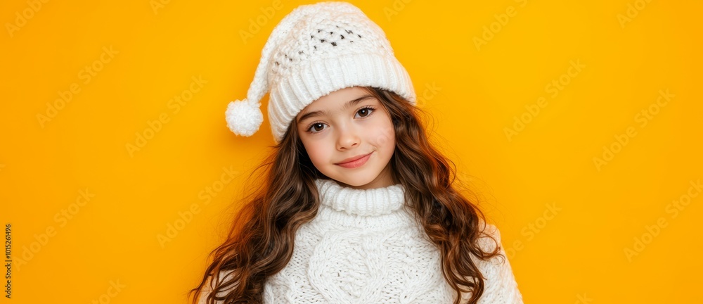 A cheerful girl poses with a warm smile, dressed in a white sweater and hat, set against a vibrant yellow backdrop, embodying winter joy A cheerful girl poses with a warm smile, dressed in a white sweater and hat, set against a vibrant yellow backdrop, embodying winter joy