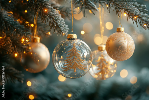 Christmas tree decorations on bokeh background. Christmas and New Year holidays background.  photo