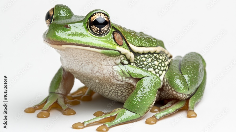 A green tree frog with large eyes sits on a white background. A green tree frog with large eyes sits on a white background.