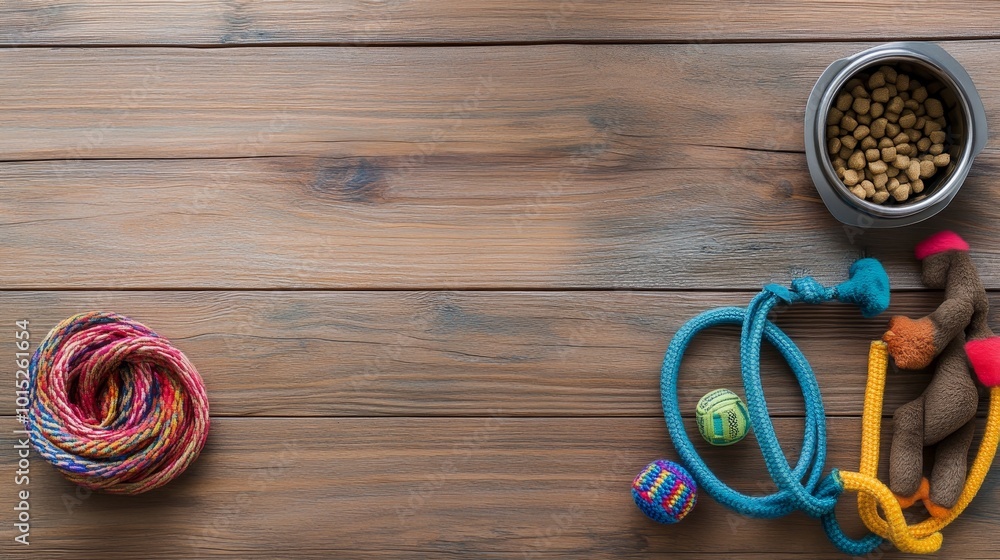 Dry pet food in bowl with colorful toys and accessories on wooden floor. Dog care and nutrition concept with copy space for text Dry pet food in bowl with colorful toys and accessories on wooden floor. Dog care and nutrition concept with copy space for text