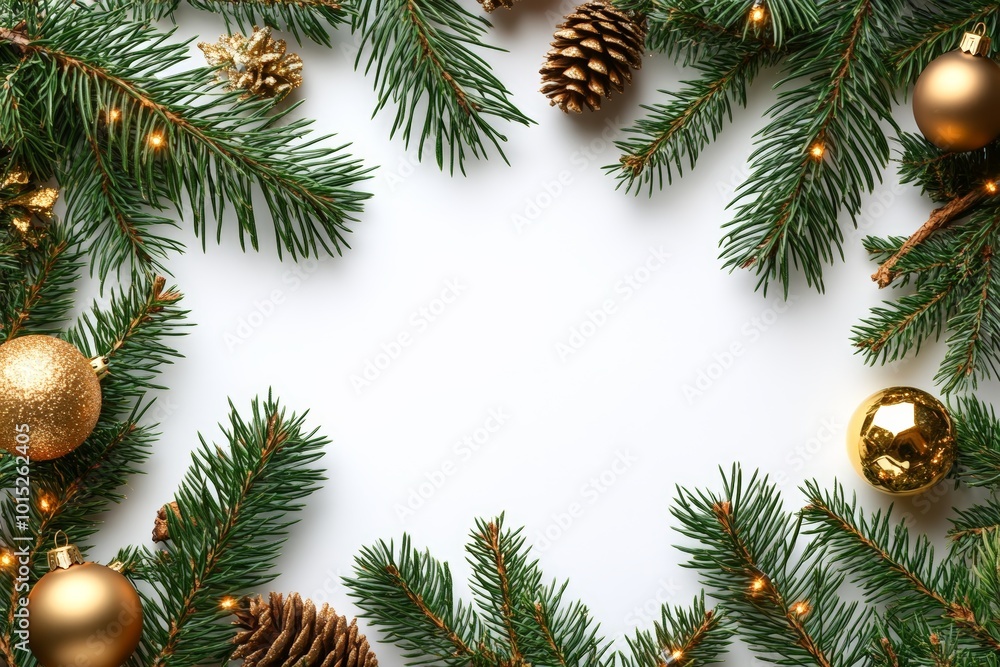 Christmas composition. Paper blank, Christmas tree branches, golden decorations on white background. Flat lay, top view, copy space Christmas composition. Paper blank, Christmas tree branches, golden decorations on white background. Flat lay, top view, copy space