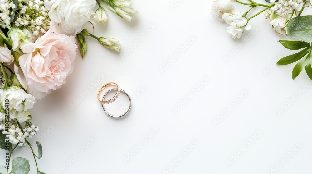 Gold and silver wedding rings surrounded by soft pink and white flowers on a pristine white background. Elegant marriage concept with copy space Gold and silver wedding rings surrounded by soft pink and white flowers on a pristine white background. Elegant marriage concept with copy space