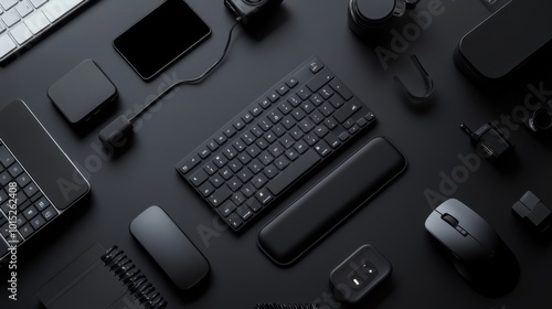 Flat lay of various black electronic devices and accessories on dark background, showcasing modern technology workspace with copy space photo