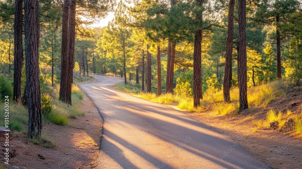 Fototapeta premium A winding paved road through a pine forest, bathed in the golden light of sunset.