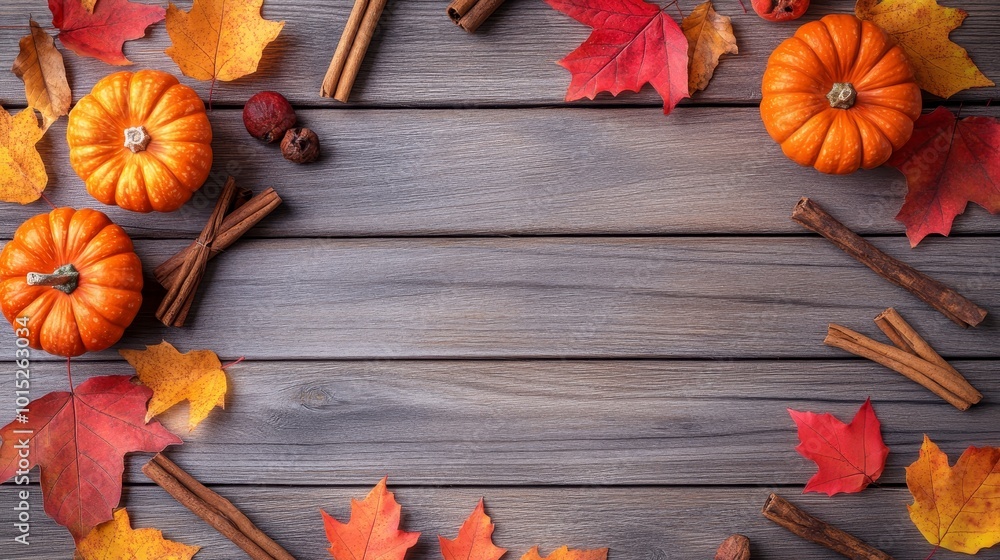 Colorful autumn leaves, mini pumpkins, and cinnamon sticks arranged on rustic wooden background. Seasonal fall border with copy space for text Colorful autumn leaves, mini pumpkins, and cinnamon sticks arranged on rustic wooden background. Seasonal fall border with copy space for text