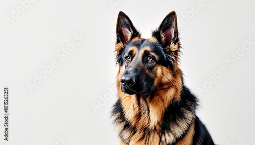 "Realistic image of a large, happy German Shepherd with a fluffy coat, standing outdoors on a sunny day, with a smaller white dog in the background, in front of a cozy brick house and garden."