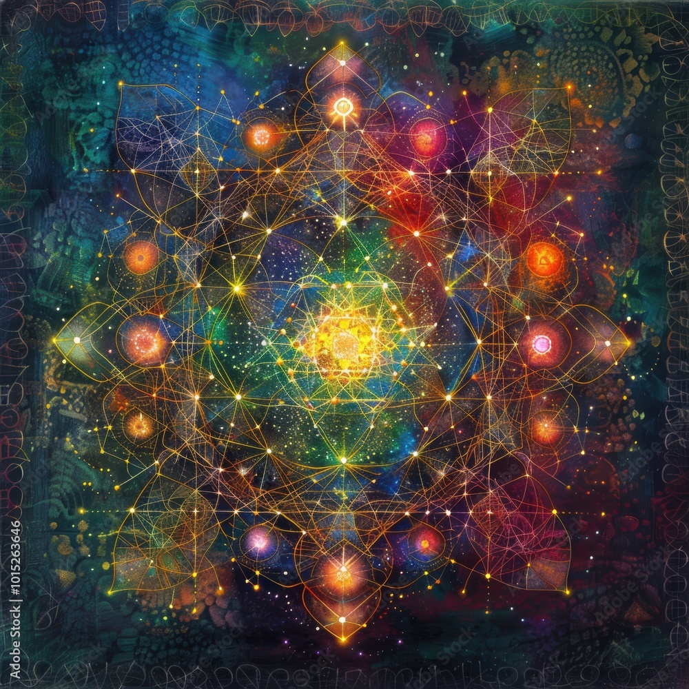 A vibrant, cosmic mandala filled with colorful stars and intricate patterns, symbolizing the interconnectedness of the universe