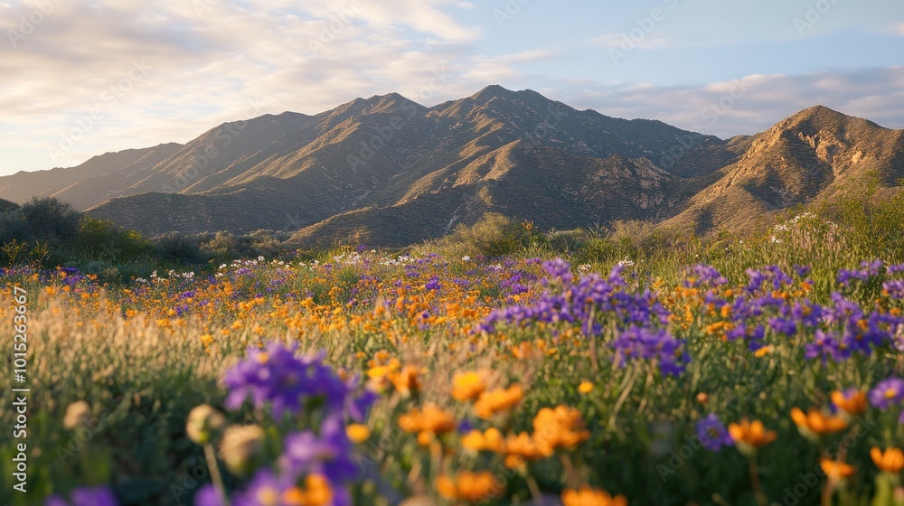 Fototapeta premium A field of wildflowers in bloom with a mountain range in the background.