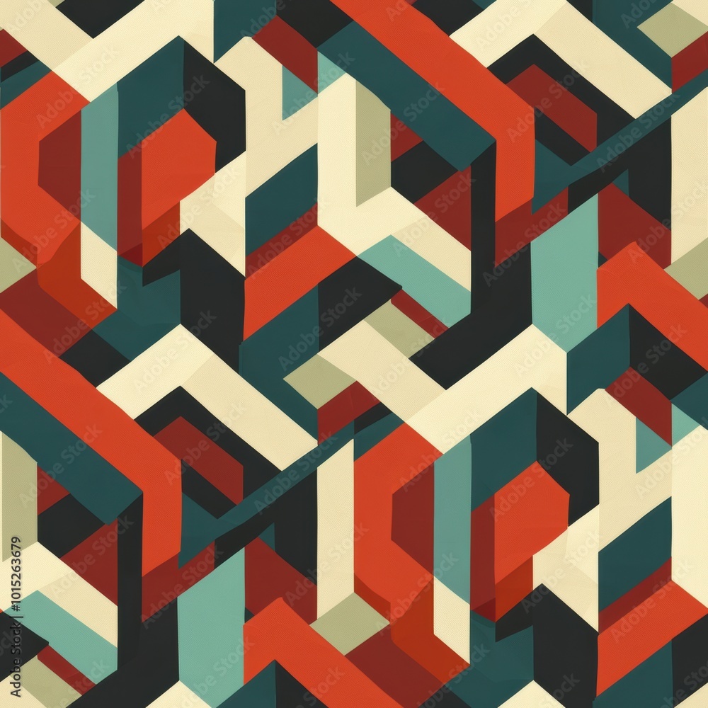 A vibrant abstract pattern featuring geometric shapes in red, teal, cream, and black, creating a dynamic visual interplay.