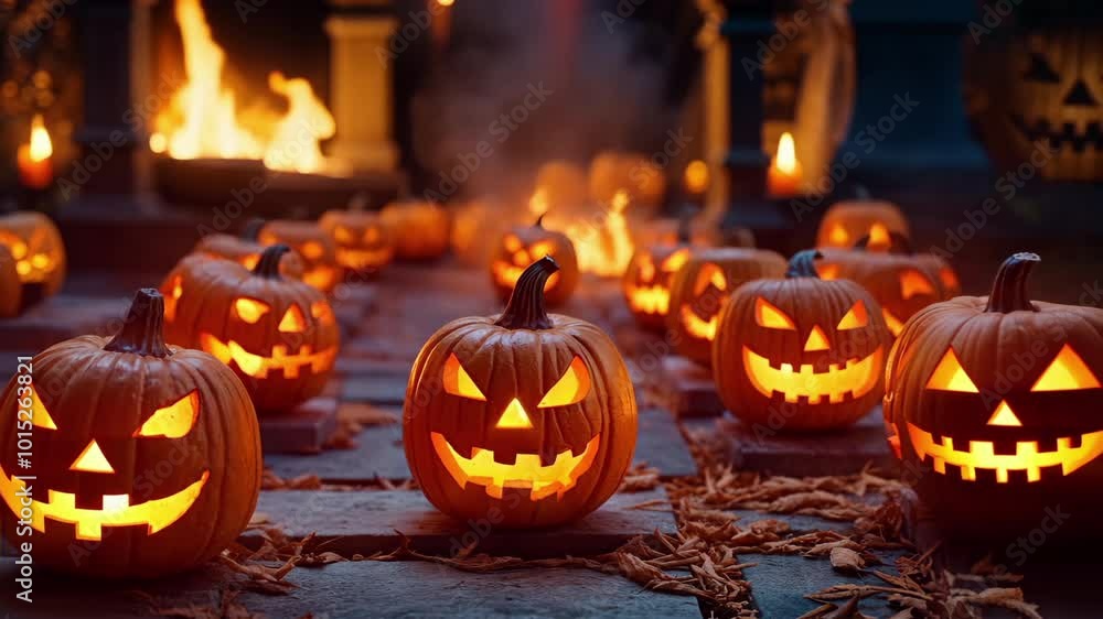 Glowing Jack-o'-Lanterns in Spooky Halloween Setting - 4K Video Footage Background 2025 Glowing Jack-o'-Lanterns in Spooky Halloween Setting - 4K Video Footage Background 2025