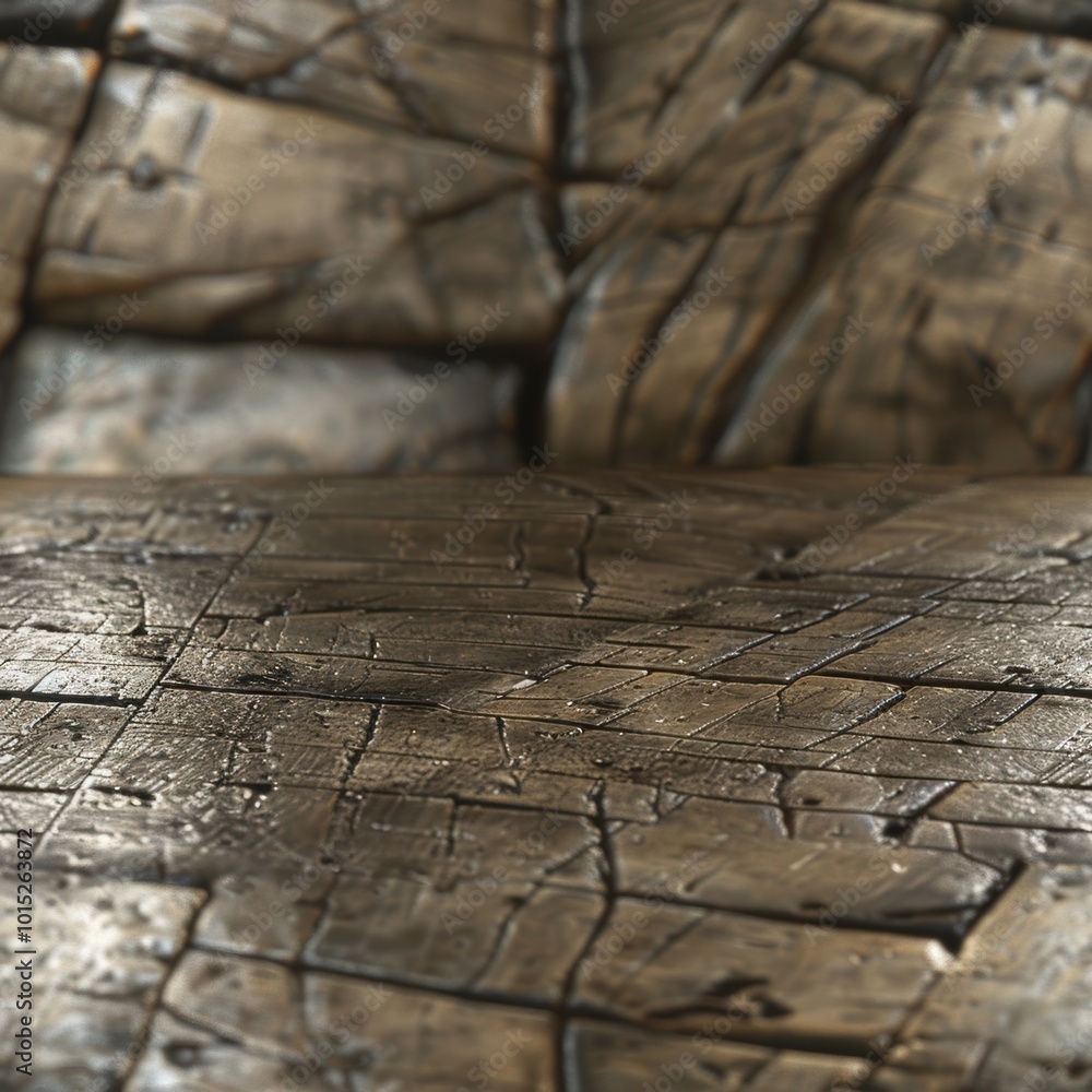 A close-up view of a textured wooden surface, featuring cracks and an aged appearance, showcasing natural patterns and tones.