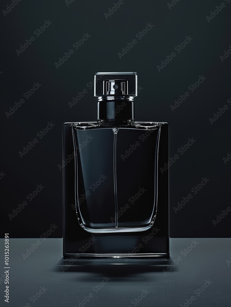 A sleek, minimalist black perfume bottle stands elegantly against a dark background, embodying sophistication and modern design.