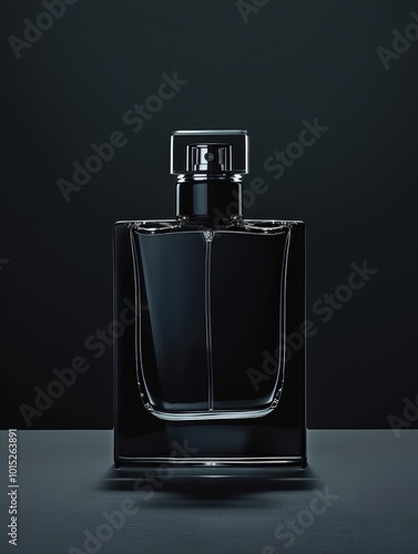 Obraz na płótnie A sleek, minimalist black perfume bottle stands elegantly against a dark background, embodying sophistication and modern design. w salonie