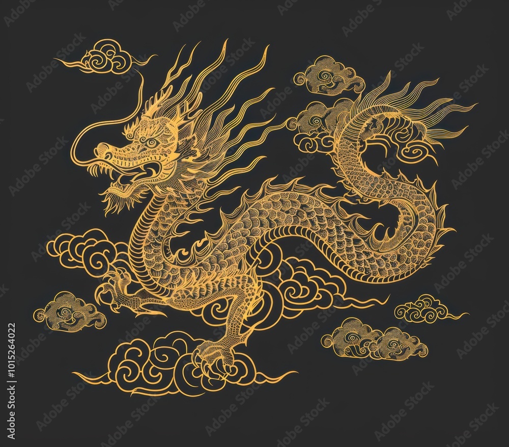 A golden dragon intricately designed amidst stylized clouds against a dark background, embodying strength and mythology