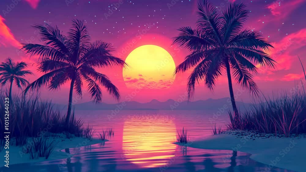 A vibrant sunset over a calm lagoon with two palm trees framing the bright yellow sun A vibrant sunset over a calm lagoon with two palm trees framing the bright yellow sun