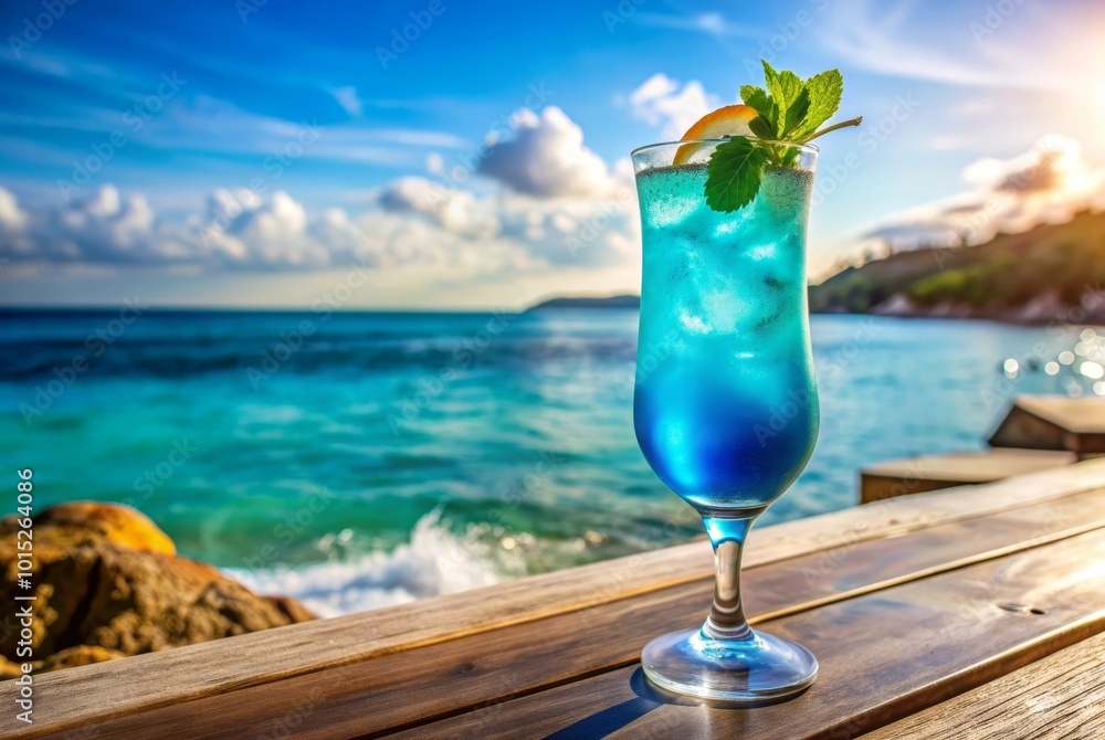 Blue Lagoon cocktail with a sunny coastline in the background