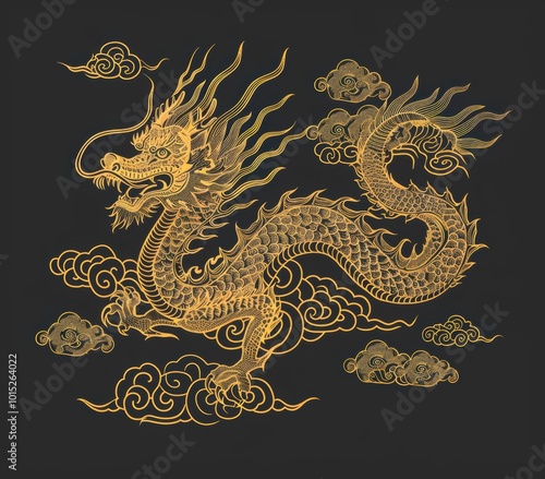 Obraz na płótnie A golden dragon intricately designed amidst stylized clouds against a dark background, embodying strength and mythology w salonie