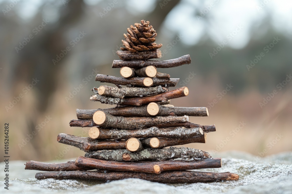 Handmade craft Christmas tree from sticks and natural materials. Sustainable Christmas, zero waste