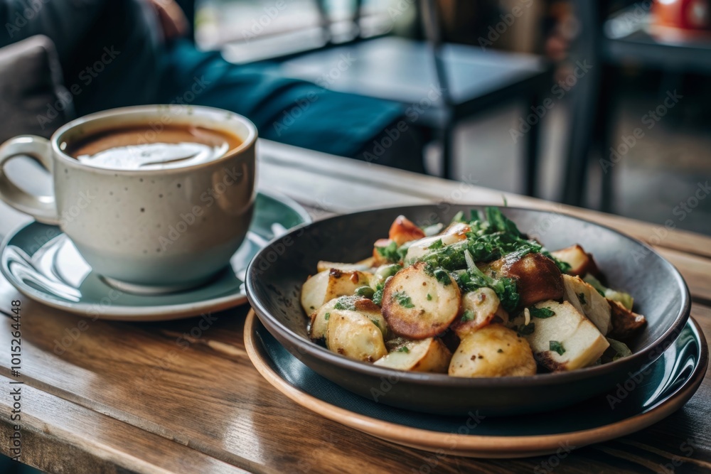 Potato dish with a cup of coffee in a cafeteria