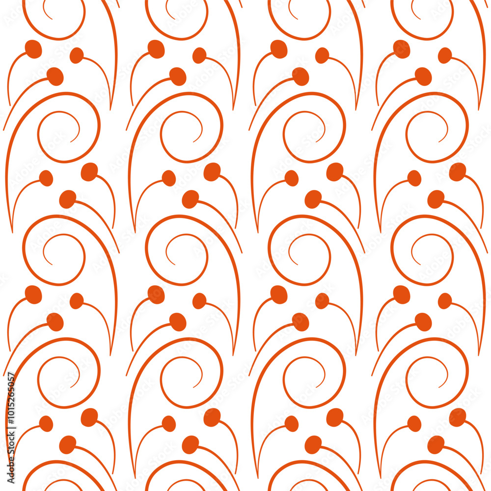 Seamless floral pattern of curved lines. Orange curls on a white background. Stylized branches with berries. Ethnic rustic style. Monochrome orange plant decor for clothes, home, etc. Seamless floral pattern of curved lines. Orange curls on a white background. Stylized branches with berries. Ethnic rustic style. Monochrome orange plant decor for clothes, home, etc.