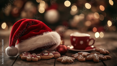 Santa hat with cookies and hot drink on festive table with Christmas lights photo