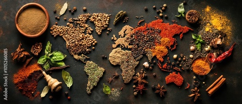 Fototapeta Naklejka Na Ścianę i Meble -  Herbs and Spices Arranged as a World Map on a Dark Background: A Symbol of Global Recipes and Cooking Ingredients