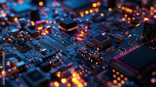 Close-Up View of Advanced Circuit Board: Technology Background with Digital Chips