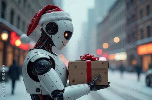 Robot in Santa's hat standing with a gift on the street of the city