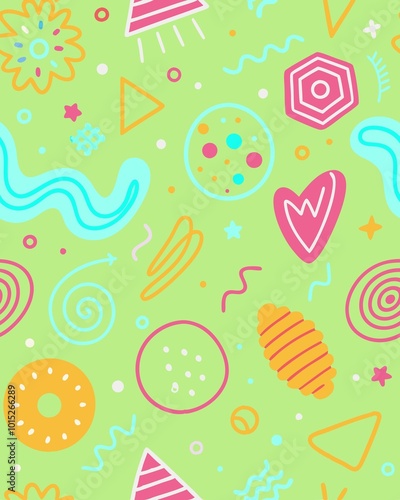 seamless pattern with cream. Fun colorful line doodle seamless pattern. Creative minimalist style art background for children or trendy design with basic shapes. Simple childish scribble backdrop.