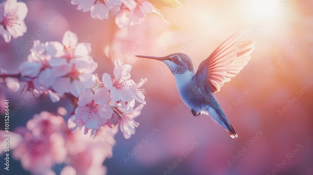 Naklejka premium Enchanting Hummingbird Amid Blossoming Cherry Flowers