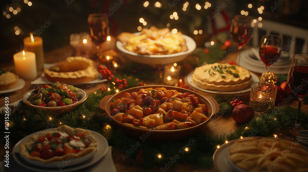 Festive Christmas dinner table with glowing candles, pine garland, and traditional holiday food Festive Christmas dinner table with glowing candles, pine garland, and traditional holiday food