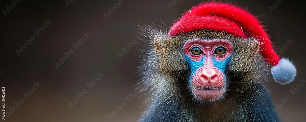 Fototapeta premium A playful Mandrill monkey with a red Santa hat, sitting calmly with a soft gaze, its colorful face brightening the festive portrait.