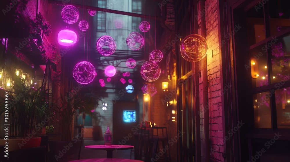 Fototapeta premium Enchanting Neon Bubbles in a Cozy Alley