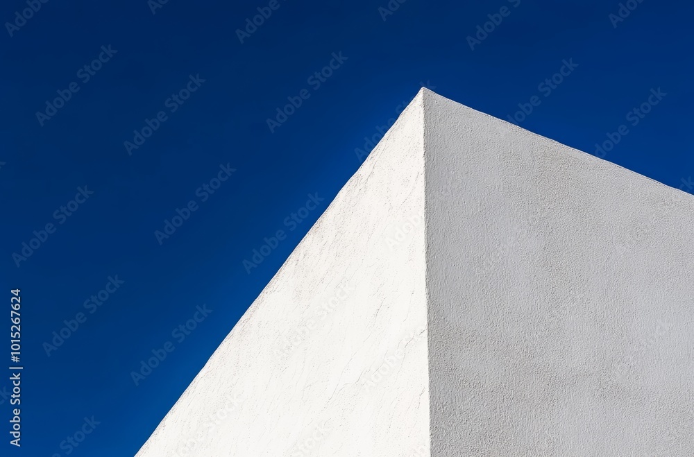 A sharp corner of a white wall reaches up towards a deep blue sky, highlighting a striking modern architectural style bathed in sunlight A sharp corner of a white wall reaches up towards a deep blue sky, highlighting a striking modern architectural style bathed in sunlight