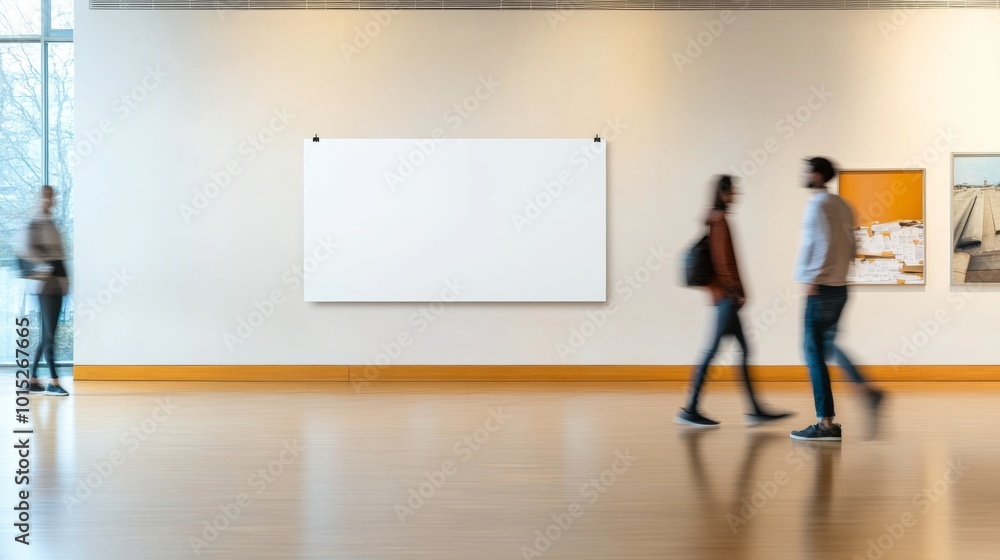 An inviting indoor area features a blank vertical poster mockup on a soft beige wall. A few individuals pass by, creating a vibrant atmosphere filled with warmth and natural light An inviting indoor area features a blank vertical poster mockup on a soft beige wall. A few individuals pass by, creating a vibrant atmosphere filled with warmth and natural light