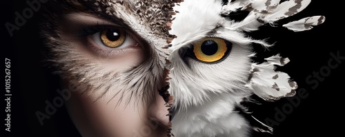 A woman's face blending with an owl, the split revealing one side with human features and the other with feathers and sharp owl eyes. photo