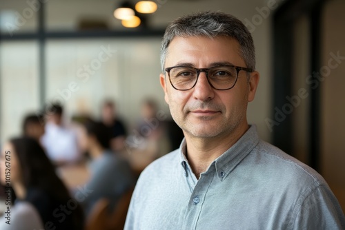 A man in a light shirt stands confidently in a modern office filled with people engaged in conversation and collaboration