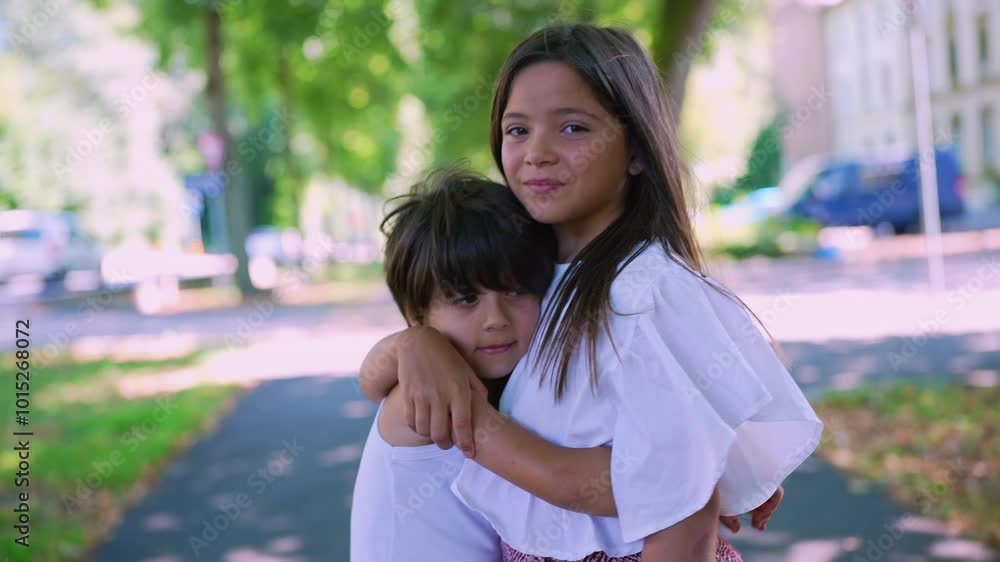 Young girl and boy embracing on a park pathway, with the girl smiling warmly at the camera. The scene embodies sibling closeness and affection amidst a serene natural setting Young girl and boy embracing on a park pathway, with the girl smiling warmly at the camera. The scene embodies sibling closeness and affection amidst a serene natural setting