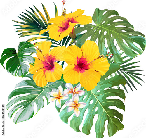 Bouquet of tropical flowers. Summer bouquet of flowers. Camellia, rose, hibiscus, orchid, plumeria, paradise flowers. Exotic, tropical