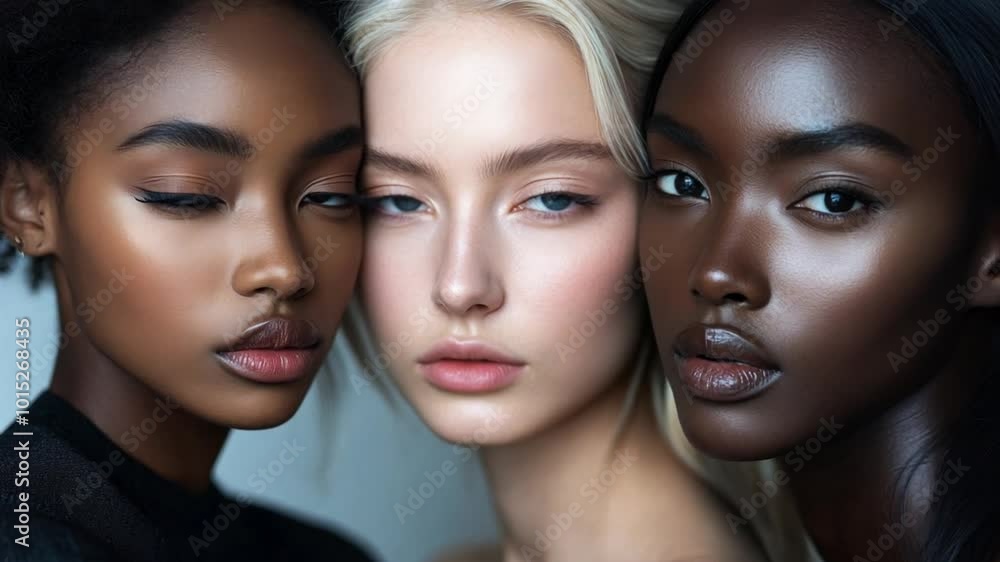 Portrait of three models women posing together, highlighting diversity in beauty while gazing directly at the viewer Portrait of three models women posing together, highlighting diversity in beauty while gazing directly at the viewer