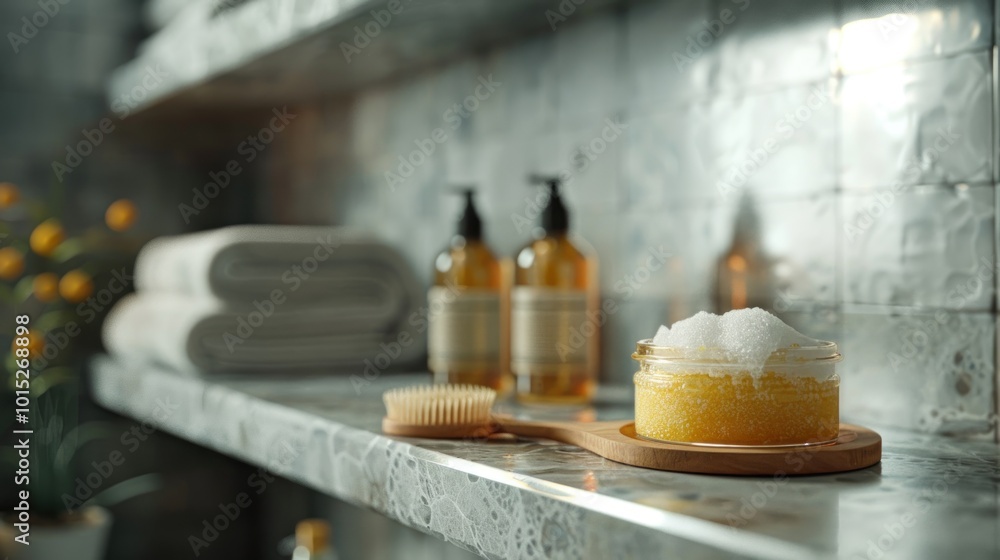 A shower shelf scene highlighting a scalp scrub jar, emphasizing its exfoliating and refreshing effect. A shower shelf scene highlighting a scalp scrub jar, emphasizing its exfoliating and refreshing effect.