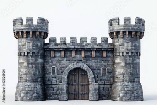 Ancient medieval castle fortress isolated on the white background. Front view. photo