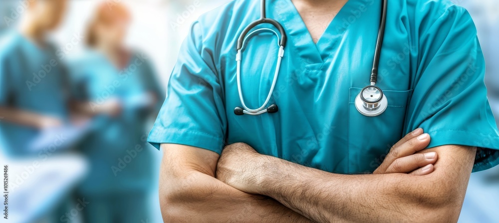 Confident Doctor With Stethoscope Close Up With Arms Folded, Medical Professional, Healthcare Confident Doctor With Stethoscope Close Up With Arms Folded, Medical Professional, Healthcare