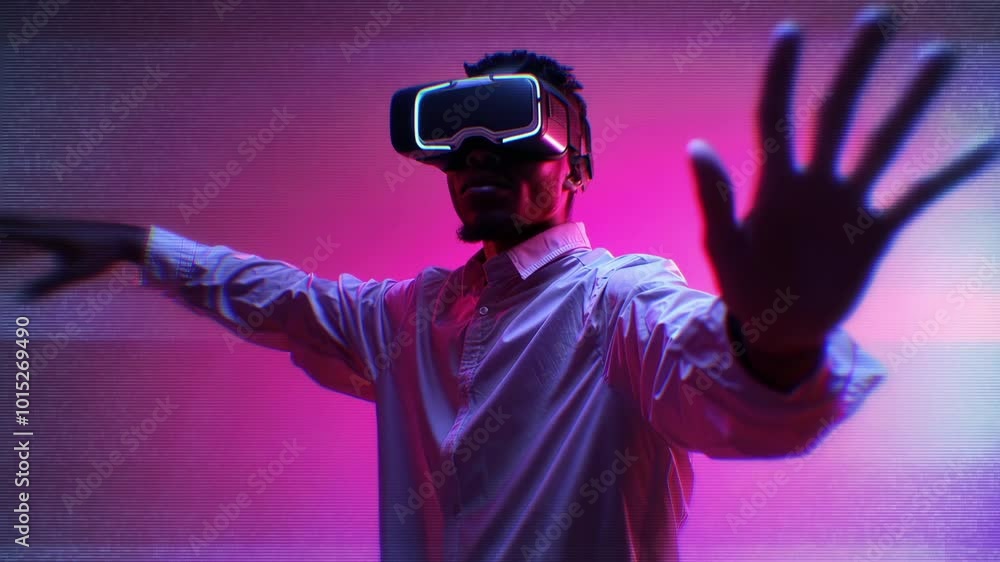 Person Using VR Headset in Futuristic Neon Room Person Using VR Headset in Futuristic Neon Room