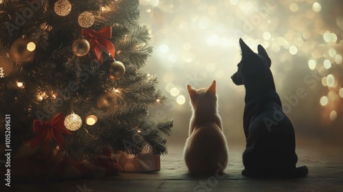 a dog and a kitten sitting beside a Christmas tree with glowing bokeh lights in the background. pets, dog and cat