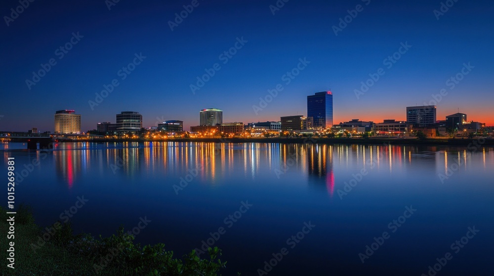 A panoramic view of a city skyline at dusk, with a river reflecting the lights of the buildings in the water. A panoramic view of a city skyline at dusk, with a river reflecting the lights of the buildings in the water.