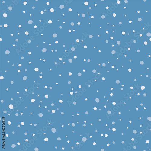 Abstract White Snow Flakes on Blue background. Cold Snowy winter Holiday Backdrop. Simple Natural snowfall texture. Vector illustration. Dotted pattern for Package wallpaper banner poster card design