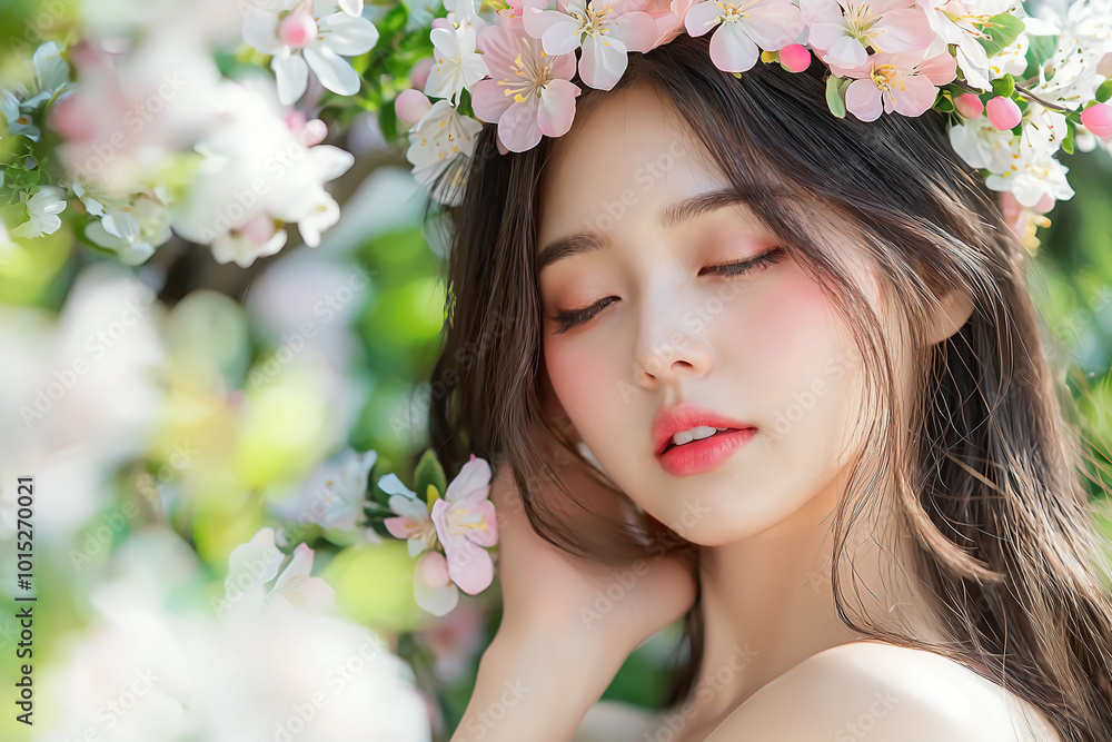 Fototapeta premium woman with a delicate blossom crown, symbolizing natural skin health and well-being. 